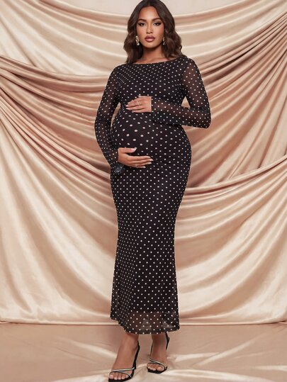 SHEIN Elegant Maternity Party Dress: Brown Color-Block Polka-Dot Open-Back Style,Elegant Fashion Polka Dot Print Long Sleeve Maternity Dress