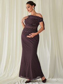 MaterniChic Maternity Polka Dot Print Asymmetrical Shoulder Drawstring Top And Adjustable Waist Fishtail Skirt Elegant 2-Piece Set - Brown - View 5
