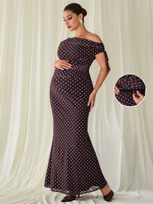 MaterniChic Maternity Polka Dot Print Asymmetrical Shoulder Drawstring Top And Adjustable Waist Fishtail Skirt Elegant 2-Piece Set - Brown - View 1