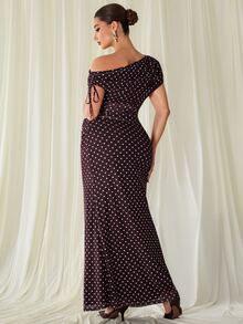 MaterniChic Maternity Polka Dot Print Asymmetrical Shoulder Drawstring Top And Adjustable Waist Fishtail Skirt Elegant 2-Piece Set - Brown - View 3