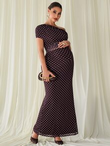 MaterniChic Maternity Polka Dot Print Asymmetrical Shoulder Drawstring Top And Adjustable Waist Fishtail Skirt Elegant 2-Piece Set - Brown - View 6
