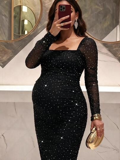 MaterniChic Elegant Black Maternity Party Dress,Maternity Rhinestone Square Neck Long Sleeve Fitted Elegant Dress