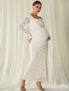 MaterniChic Maternity Square Neck Long Sleeve Fitted Elegant Dress - Apricot - View 2