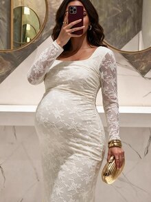MaterniChic Maternity Square Neck Long Sleeve Fitted Elegant Dress - Apricot - View 1