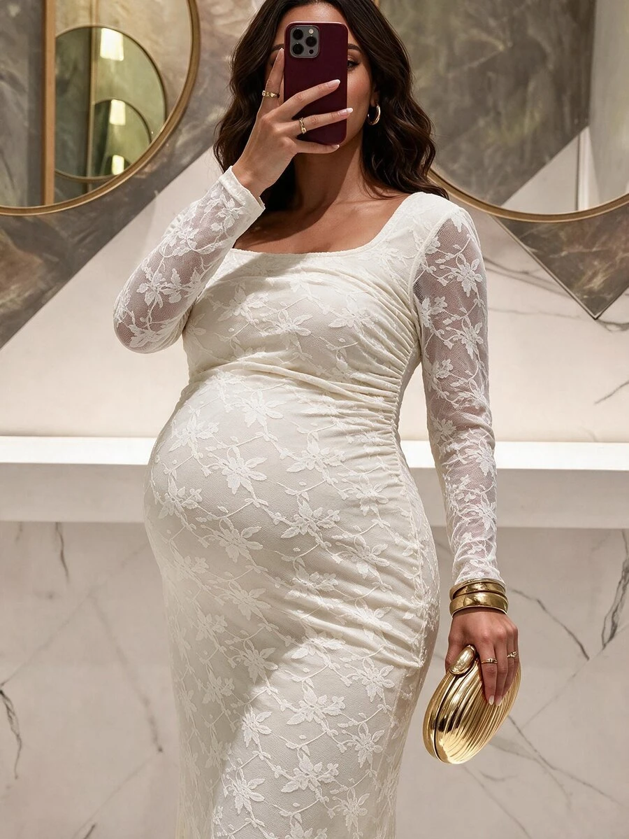 MaterniChic Maternity Square Neck Long Sleeve Fitted Elegant Dress - Apricot - View 1