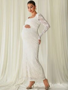 MaterniChic Maternity Square Neck Long Sleeve Fitted Elegant Dress - Apricot - View 7
