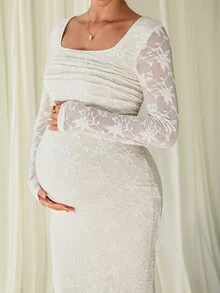 MaterniChic Maternity Square Neck Long Sleeve Fitted Elegant Dress - Apricot - View 9