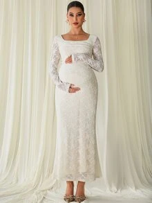 MaterniChic Maternity Square Neck Long Sleeve Fitted Elegant Dress - Apricot - View 6