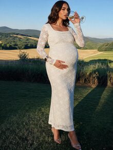 MaterniChic Maternity Square Neck Long Sleeve Fitted Elegant Dress - Apricot - View 4