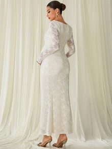 MaterniChic Maternity Square Neck Long Sleeve Fitted Elegant Dress - Apricot - View 5