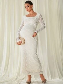 MaterniChic Maternity Square Neck Long Sleeve Fitted Elegant Dress - Apricot - View 8