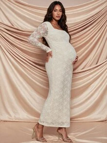 MaterniChic Maternity Square Neck Long Sleeve Fitted Elegant Dress - Apricot - View 3