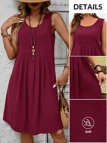 EMERY ROSE Plus Size Women's Burgundy Summer Boho Vacation Holiday Dress, Round Neck Ruched Flowy Party Outfits,Country Festival Beach Concert Wear - Burgundy - View 6