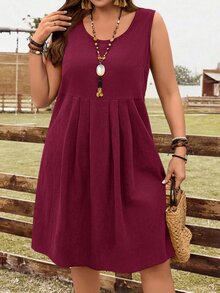 EMERY ROSE Plus Size Women's Burgundy Summer Boho Vacation Holiday Dress, Round Neck Ruched Flowy Party Outfits,Country Festival Beach Concert Wear - Burgundy - View 1