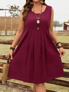 EMERY ROSE Plus Size Women's Burgundy Summer Boho Vacation Holiday Dress, Round Neck Ruched Flowy Party Outfits,Country Festival Beach Concert Wear - Burgundy - View 5