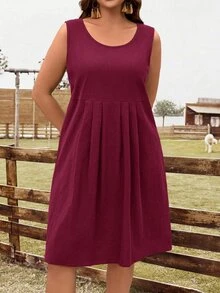 EMERY ROSE Plus Size Women's Burgundy Summer Boho Vacation Holiday Dress, Round Neck Ruched Flowy Party Outfits,Country Festival Beach Concert Wear - Burgundy - View 8