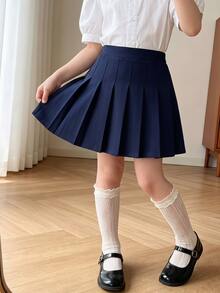 SHEIN Elladie kids 青少年女孩纯色褶饰短款休闲裙，适合度假、夏季、旅行 - 藏蓝色 - 查看 1