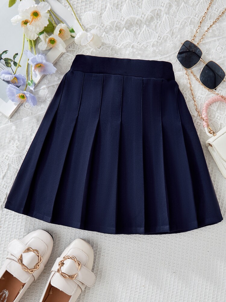 SHEIN Elladie kids 青少年女孩纯色褶饰短款休闲裙，适合度假、夏季、旅行 - 藏蓝色 - 查看 4
