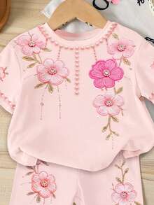 Summer Baby Girl Casual Multi-Piece Set, Brown & Apricot Leopard Print Cartoon Rabbit Pattern, Round Neck Short Sleeve T-Shirt & Shorts - Multicolor - View 4