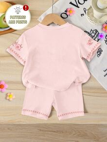 Summer Baby Girl Casual Multi-Piece Set, Brown & Apricot Leopard Print Cartoon Rabbit Pattern, Round Neck Short Sleeve T-Shirt & Shorts - Multicolor - View 3