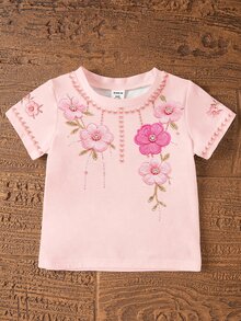 Summer Baby Girl Casual Multi-Piece Set, Brown & Apricot Leopard Print Cartoon Rabbit Pattern, Round Neck Short Sleeve T-Shirt & Shorts - Multicolor - View 5
