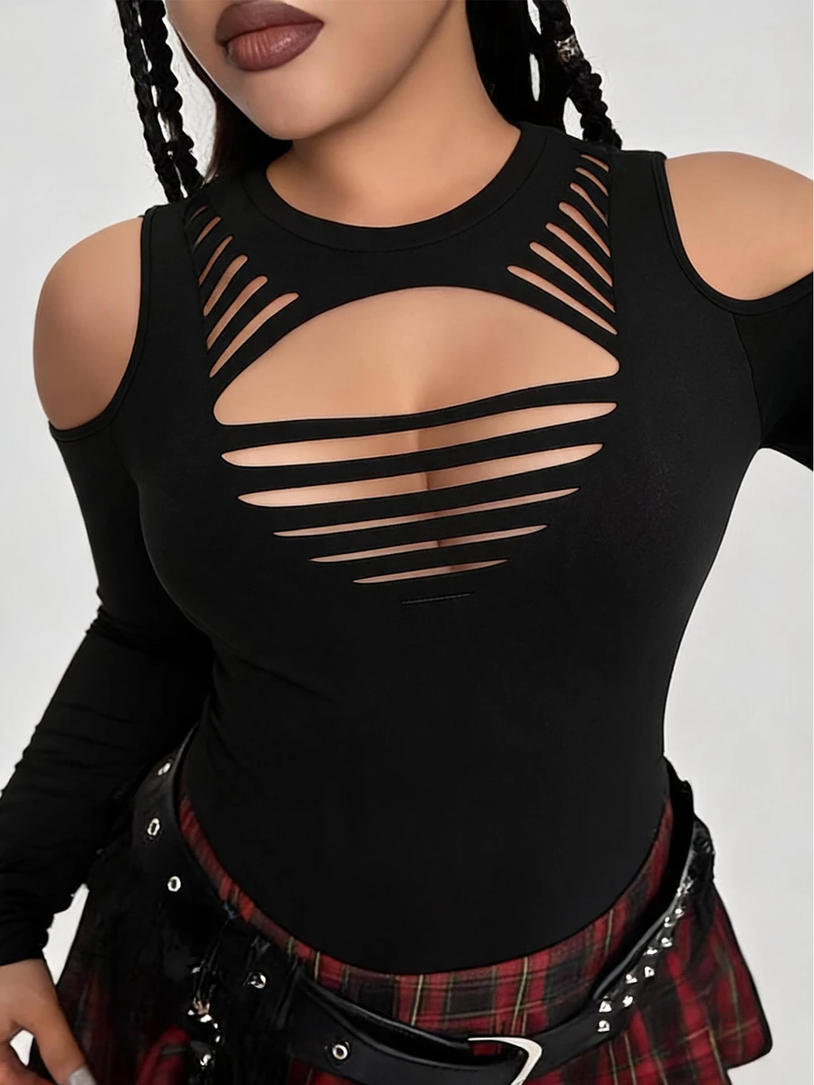 ROMWE Grunge Punk Y2K Punk Sexy Distressed Design Slim Fit Long Sleeve Solid Color Versatile Plus Size Women's T-Shirt - Black - View 1