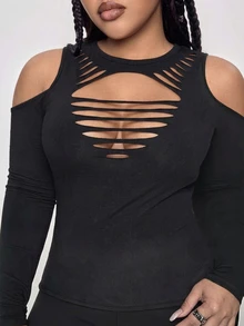 ROMWE Grunge Punk Y2K Punk Sexy Distressed Design Slim Fit Long Sleeve Solid Color Versatile Plus Size Women's T-Shirt - Black - View 3
