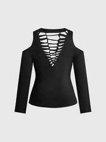 ROMWE Grunge Punk Y2K Punk Sexy Distressed Design Slim Fit Long Sleeve Solid Color Versatile Plus Size Women's T-Shirt - Black - View 2