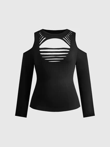 ROMWE Grunge Punk Y2K Punk Sexy Distressed Design Slim Fit Long Sleeve Solid Color Versatile Plus Size Women's T-Shirt - Black - View 5
