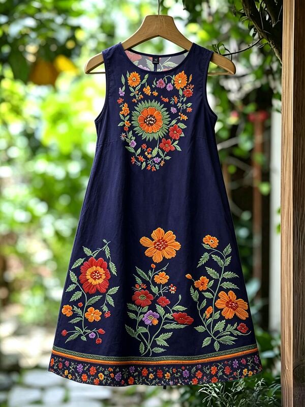 Linhara Women's Plus Size Sleeveless Open Shoulder Faux Embroidery Print Short Loose A-Line Casual 1950s Vintage Vacation Dress Summer Office Navy Blue
