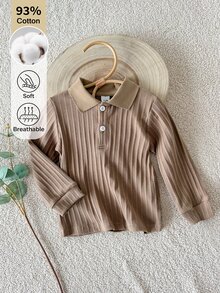 SHEIN 嬰兒 Polo 領長袖上衣，直條紋羅紋針織鈕扣亨利領上衣，柔軟彈性休閒 2026 冬季嬰幼兒 T-shirt - 棕色 - 查看 2