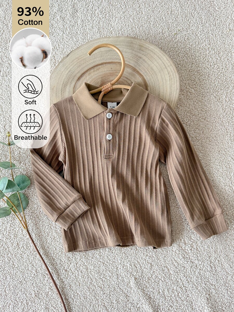 SHEIN 嬰兒 Polo 領長袖上衣，直條紋羅紋針織鈕扣亨利領上衣，柔軟彈性休閒 2026 冬季嬰幼兒 T-shirt