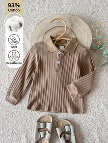 SHEIN 嬰兒 Polo 領長袖上衣，直條紋羅紋針織鈕扣亨利領上衣，柔軟彈性休閒 2026 冬季嬰幼兒 T-shirt - 棕色 - 查看 8
