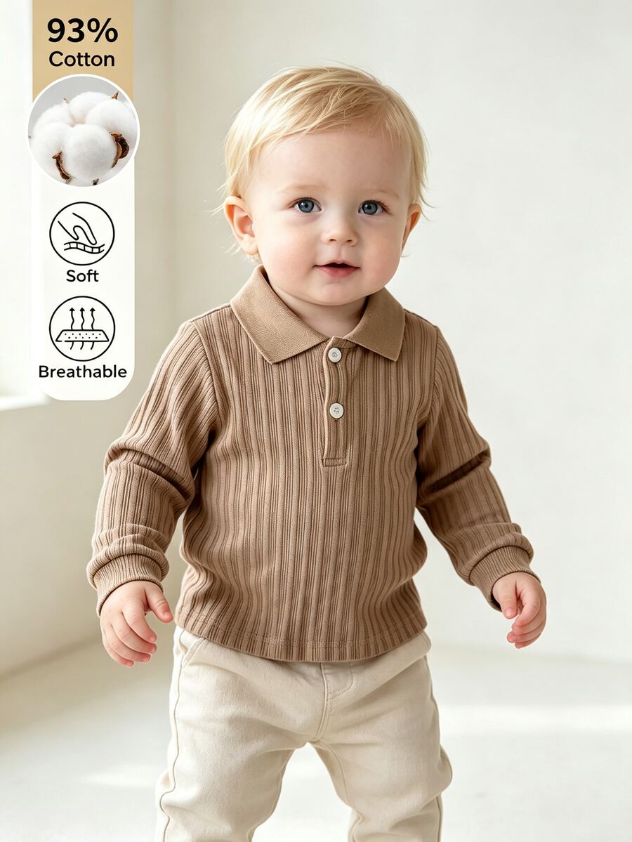 SHEIN Baby Polo Neck Long Sleeve Shirt, Vertical Rib Knit Button Henley Top, Soft Stretch Casual Winter 2026 Tee For Infant Toddler