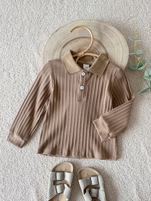 SHEIN 嬰兒 Polo 領長袖上衣，直條紋羅紋針織鈕扣亨利領上衣，柔軟彈性休閒 2026 冬季嬰幼兒 T-shirt - 棕色 - 查看 7