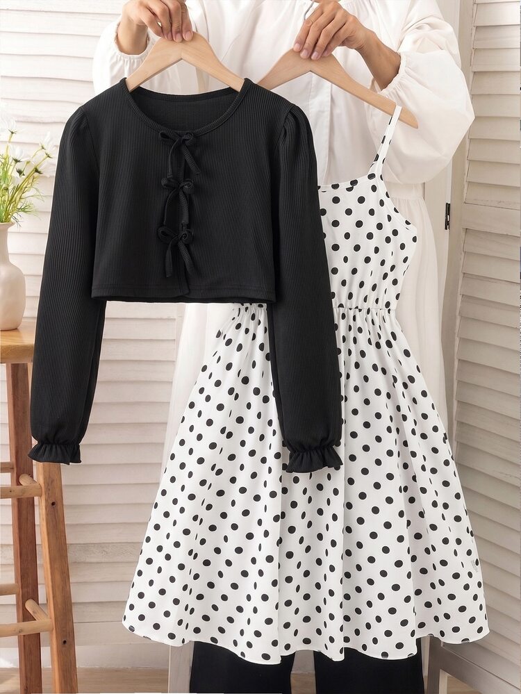 SHEIN Tween Girls Fall Dresses Dresses School Black Black And White Polka Dot Autumn Cute, Holiday Outfits, Casual - White - View 4