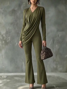 Omancia Women's Solid Color Ruched Fashion Long Sleeve Fitted Jumpsuit - Olive Green - View 1