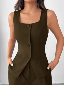 SHEIN EZwear 女款純色寬肩帶前扣無袖簡約休閒西裝外套 秋冬款 - 咖啡棕 - 查看 1