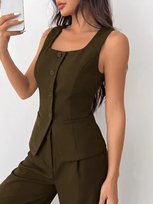 SHEIN EZwear 女款純色寬肩帶前扣無袖簡約休閒西裝外套 秋冬款 - 咖啡棕 - 查看 6
