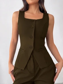 SHEIN EZwear 女款純色寬肩帶前扣無袖簡約休閒西裝外套 秋冬款 - 咖啡棕 - 查看 7