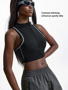 Innovista Innovista Contrast Stitching Front Zipper Cropped Sports Tank Top - Black - View 11