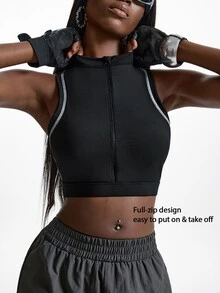 Innovista Innovista Contrast Stitching Front Zipper Cropped Sports Tank Top - Black - View 9