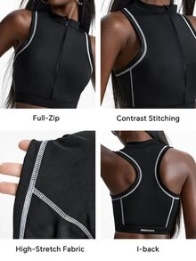 Innovista Innovista Contrast Stitching Front Zipper Cropped Sports Tank Top - Black - View 5