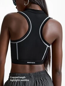 Innovista Innovista Contrast Stitching Front Zipper Cropped Sports Tank Top - Black - View 8
