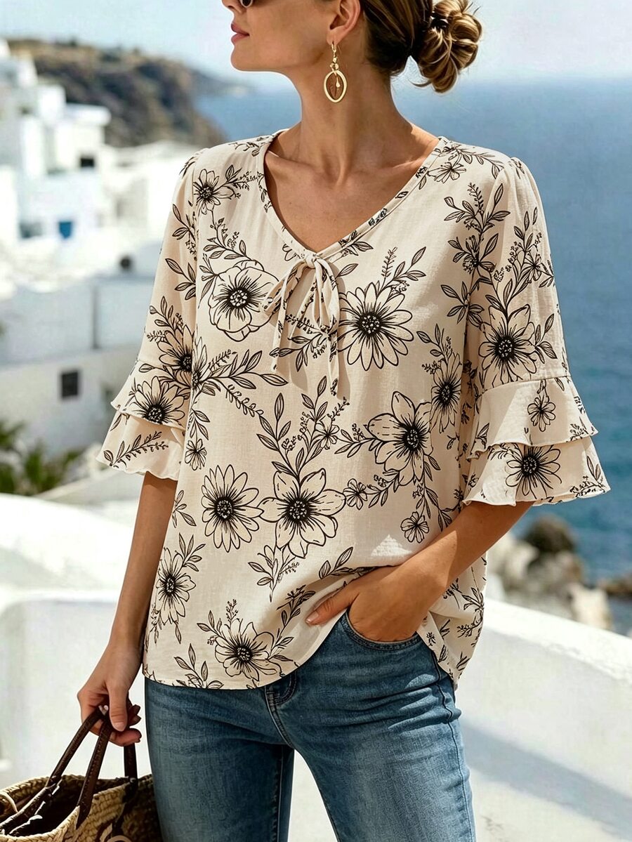 Louniche 女款荷葉邊短袖V領休閒花卉印花上衣,適合派對、約會、婚禮季、通勤上班、商務優雅、聖誕節、畢業季、返校季、畢業典禮、教師節、情人節、感恩節、母親節、音樂節、日假期,大膽花卉印花短袖女上衣,日常穿著,春夏穿著,女款荷葉邊上衣,夏季上衣 - 彩色 - 查看 1