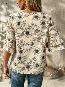 Louniche 女款荷葉邊短袖V領休閒花卉印花上衣，適合派對、約會、婚禮季、通勤上班、商務優雅、聖誕節、畢業季、返校季、畢業典禮、教師節、情人節、感恩節、母親節、音樂節、日假期，大膽花卉印花短袖女上衣，日常穿著，春夏穿著，女款荷葉邊上衣，夏季上衣 - 彩色 - 查看 2