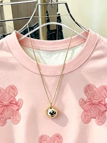 SHEIN 青少年女孩甜美粉色熊與蝴蝶結裝飾圓領短袖T恤，寬鬆印花休閒百搭輕便粉色上衣，可愛甜美適合日常穿著 - 彩色 - 查看 5