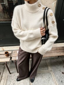 valorelle valorelle Women's Autumn/Winter Pullover Sweater, Semi-High Neck, Single Shoulder Decoration With Metal Buckle, Dropped Shoulder, Long Sleeve, Ribbed Cuffs, Loose Fit, Commuter Style - Beige - View 1