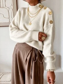 valorelle valorelle Women's Autumn/Winter Pullover Sweater, Semi-High Neck, Single Shoulder Decoration With Metal Buckle, Dropped Shoulder, Long Sleeve, Ribbed Cuffs, Loose Fit, Commuter Style - Beige - View 5