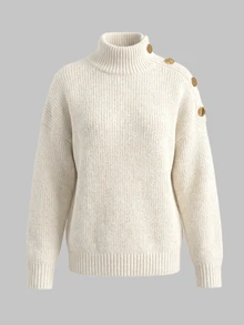 valorelle valorelle Women's Autumn/Winter Pullover Sweater, Semi-High Neck, Single Shoulder Decoration With Metal Buckle, Dropped Shoulder, Long Sleeve, Ribbed Cuffs, Loose Fit, Commuter Style - Beige - View 4
